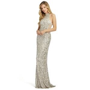 Mac Duggal Womens Allover Sequin Column Fitted Silver Evening Gown Size 2-4